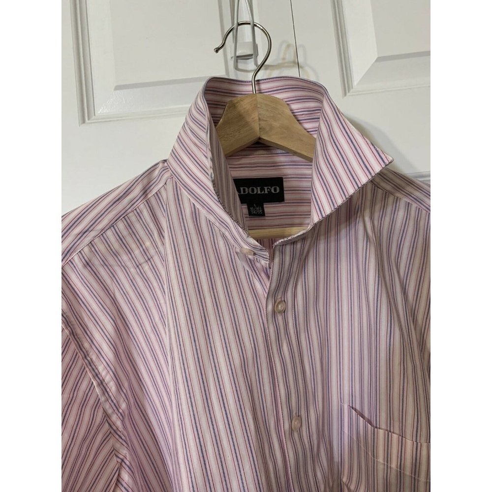 Adolfo Button Up Shirt‎ Men's Size L 16/16 1/2 34/35 Pink Striped